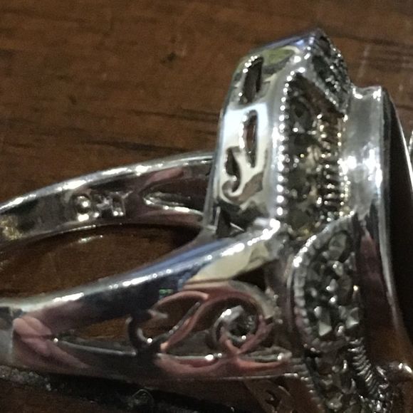 Vintage Marquise Cut Black Onyx Cabochon Sterling Silver & Marcasite Ring Sz 9.5 - Picture 11 of 13